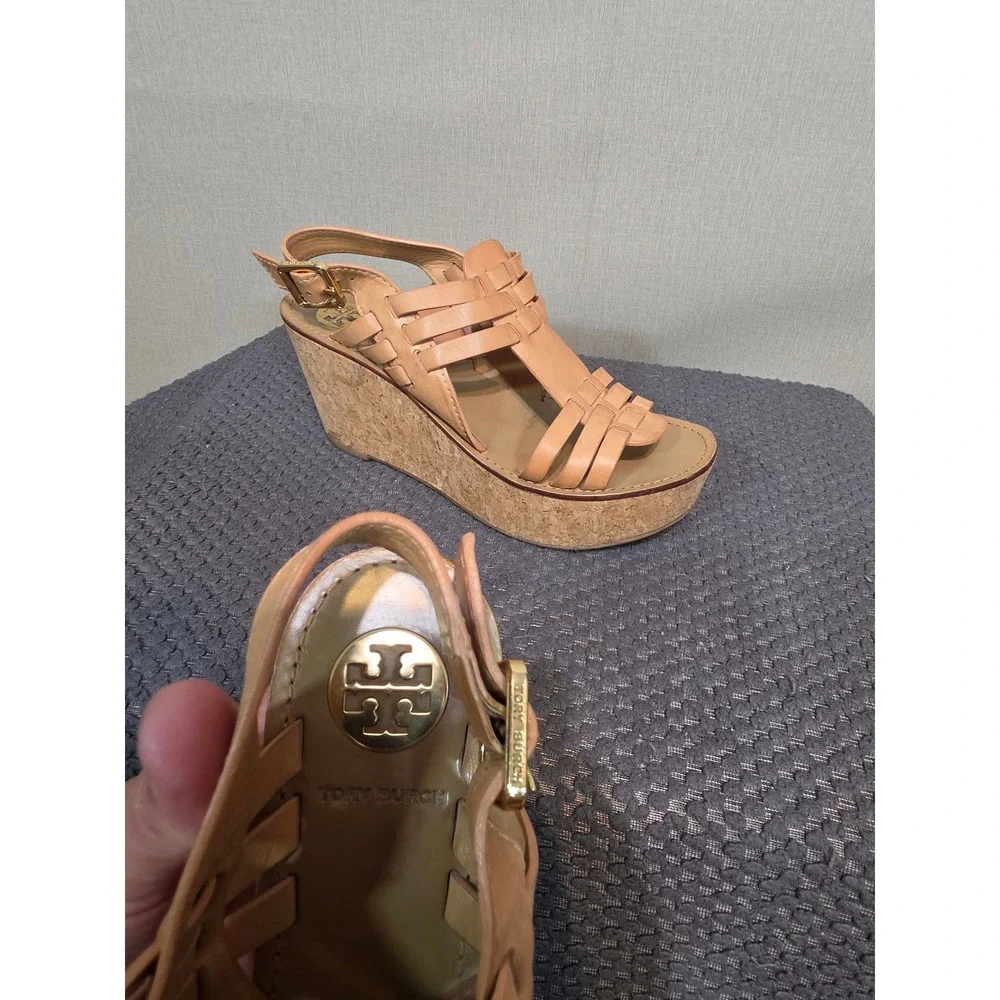 Tory Burch Tan Leather Woven Cage Cork Platform Wedge Sandals 7.5 M Brazil